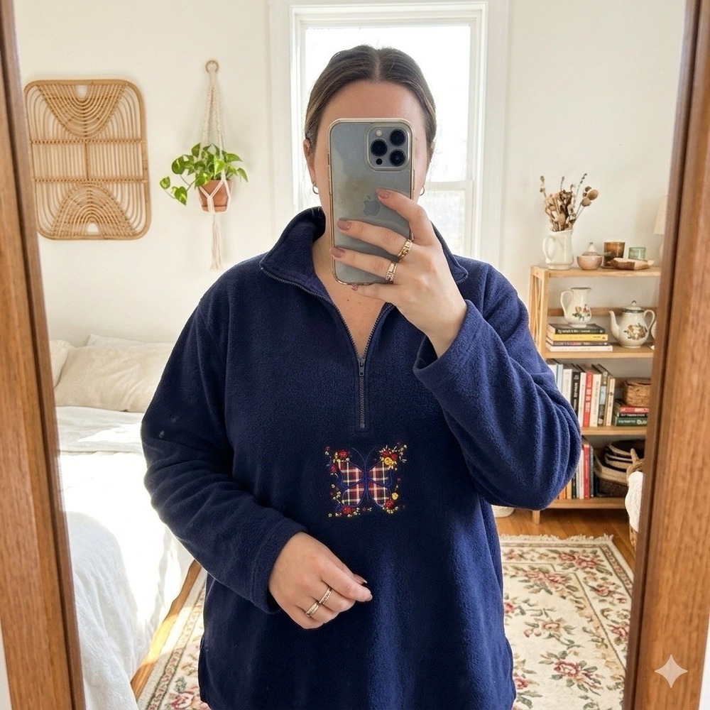 Basic Editions Women's 2X Blue Quarter Zip‎ Fleece Sweatshirt Butterfly Grandma